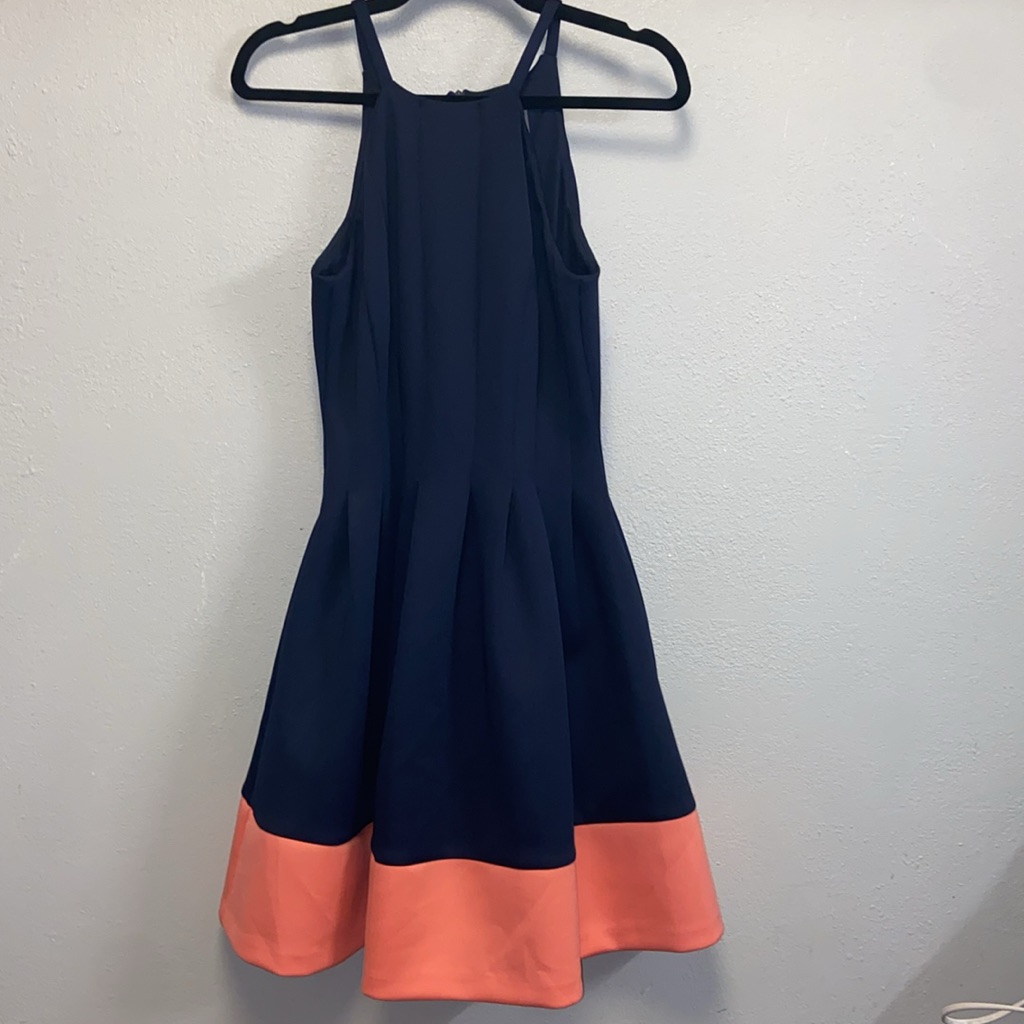 Vince Camuto Navy Blue Coral Trim Fit & Flare Halter Cocktail Dress 3505